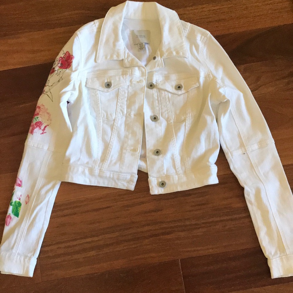 cropped floral printed guess white jean jacket